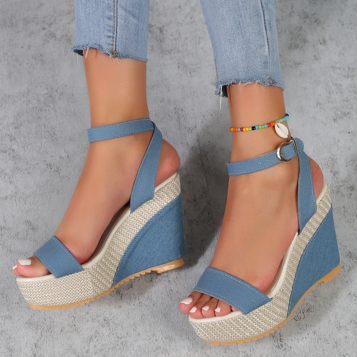 High Heel Denim Ankle Strap Sandals