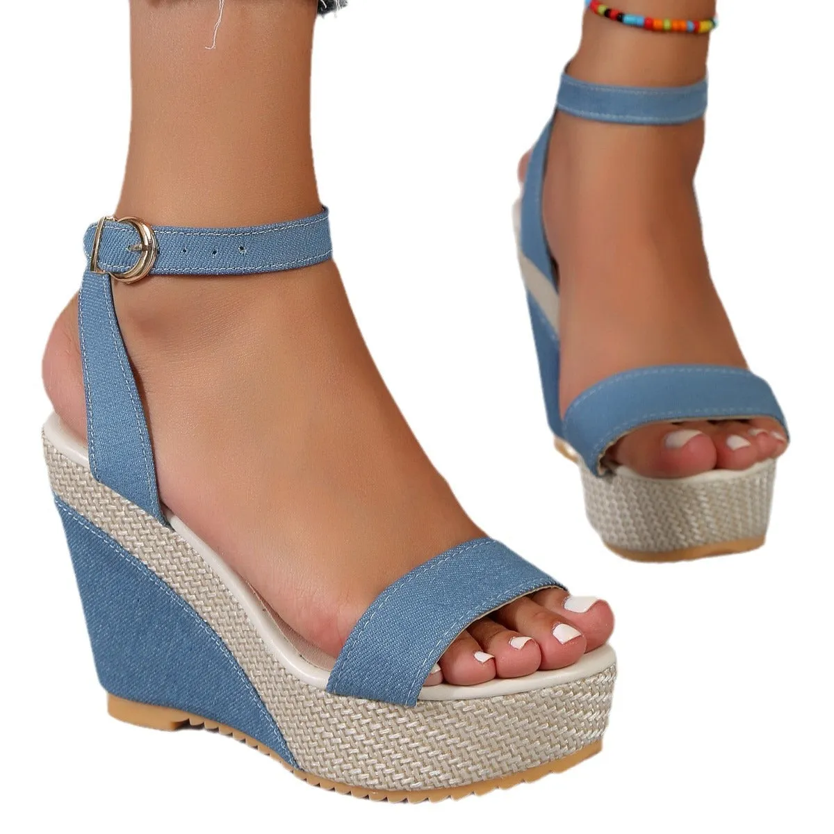 High Heel Denim Ankle Strap Sandals