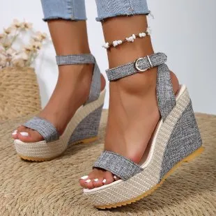 High Heel Denim Ankle Strap Sandals