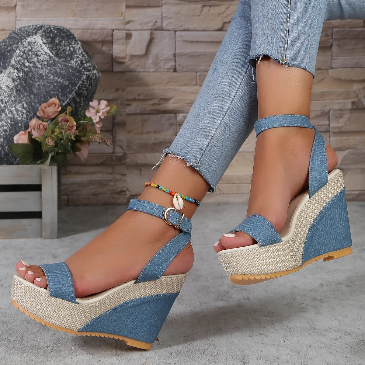 High Heel Denim Ankle Strap Sandals