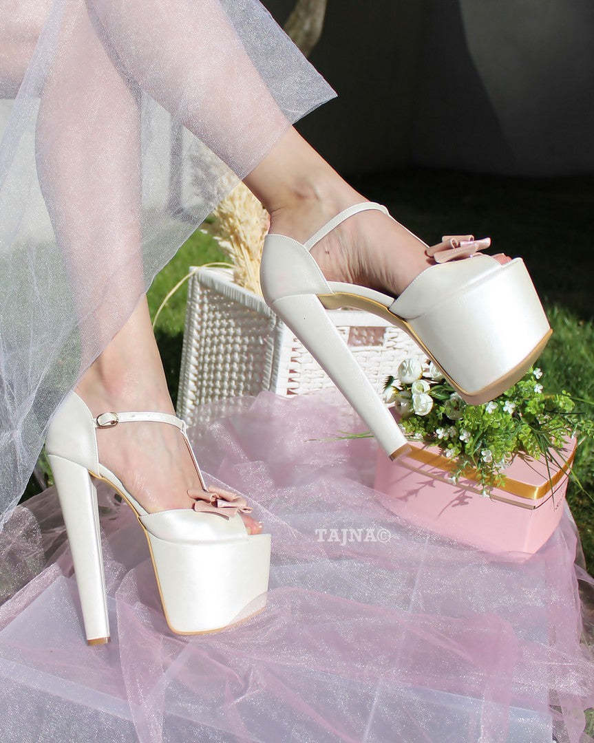 Ivory White Pink Ribbon High Heel Platform Bride Shoes