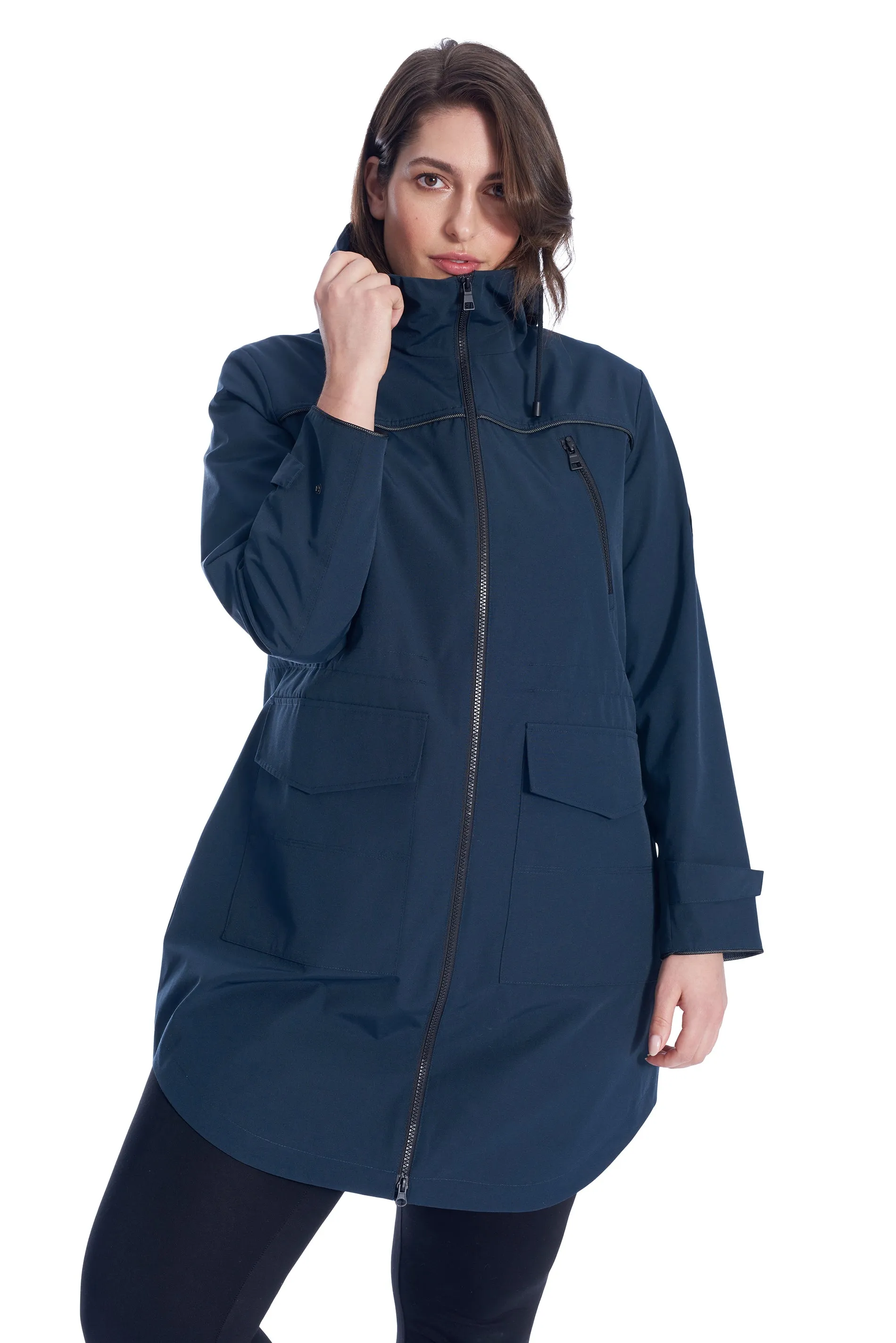 KUSAWA PLUS | WOMEN'S DRAWSTRING RAINCOAT, NAVY (PLUS SIZE)