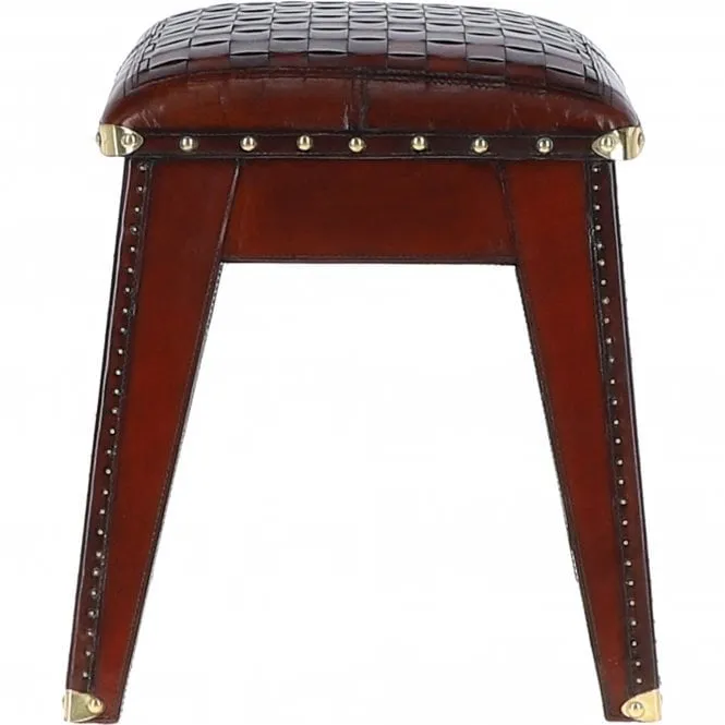 Leather Covered Wood Frame Vintage Woven Leather Stool Chestnut: LF-142