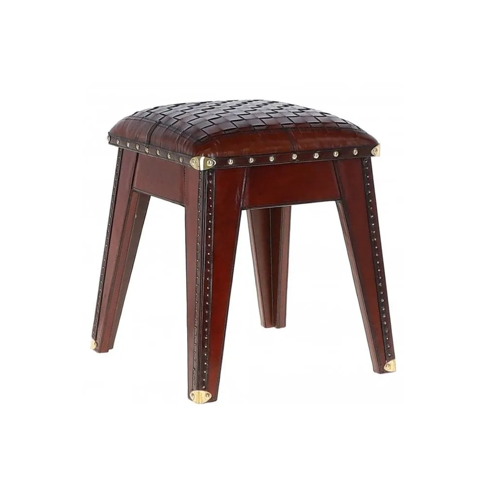 Leather Covered Wood Frame Vintage Woven Leather Stool Chestnut: LF-142