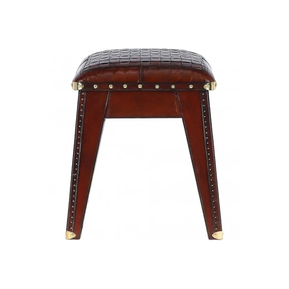 Leather Covered Wood Frame Vintage Woven Leather Stool Chestnut: LF-142