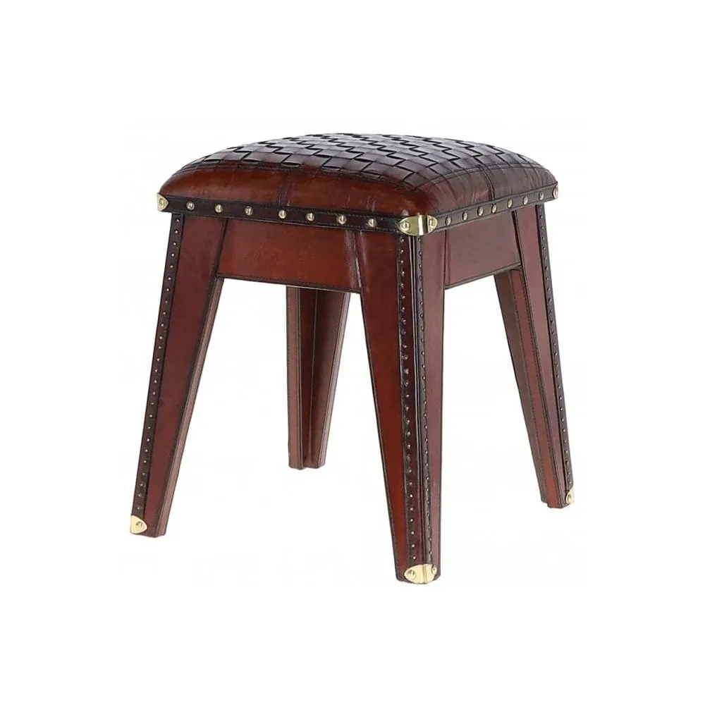 Leather Covered Wood Frame Vintage Woven Leather Stool Chestnut: LF-142