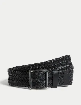 M&S Women's Leather Woven Jeans Belt - Black, Black