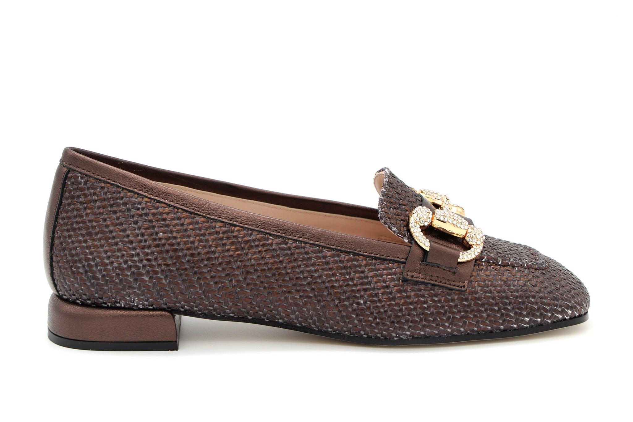 Marian Bronze Woven leather loafer with Embellished Buckle