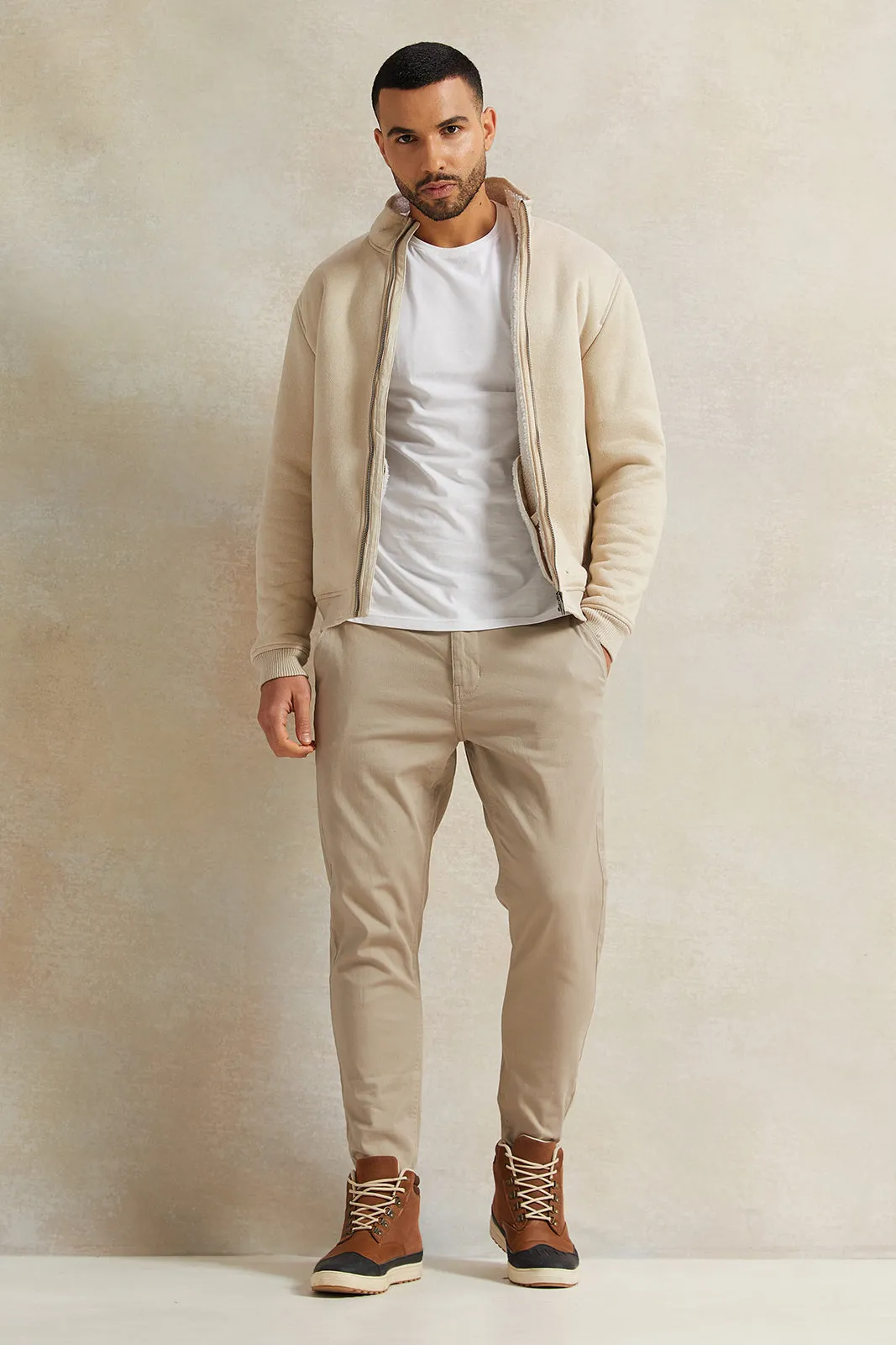 Men Beige Shearling Line Aviator Jacket