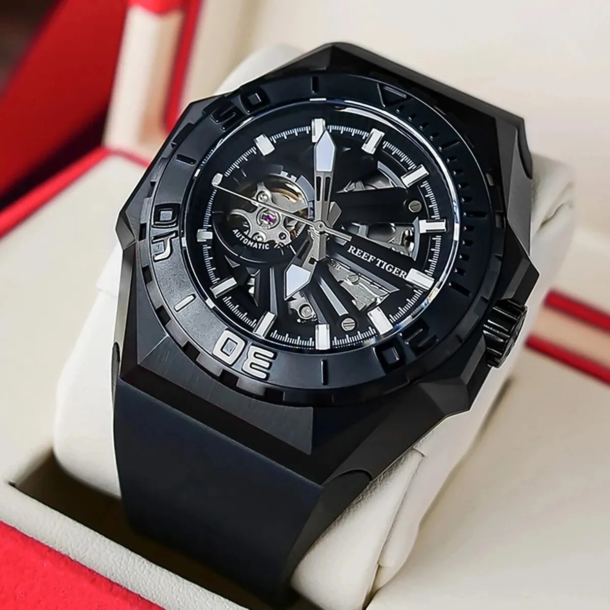 Men's Leather Strap Skeleton Super Luminous Automatic Mechanical Watch