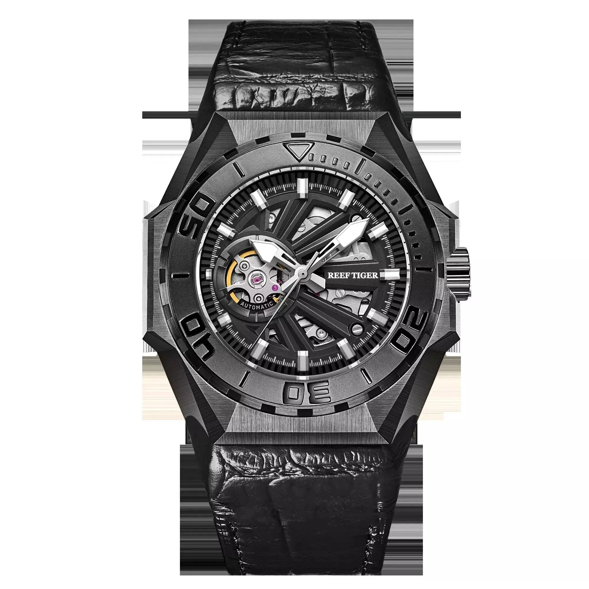 Men's Leather Strap Skeleton Super Luminous Automatic Mechanical Watch