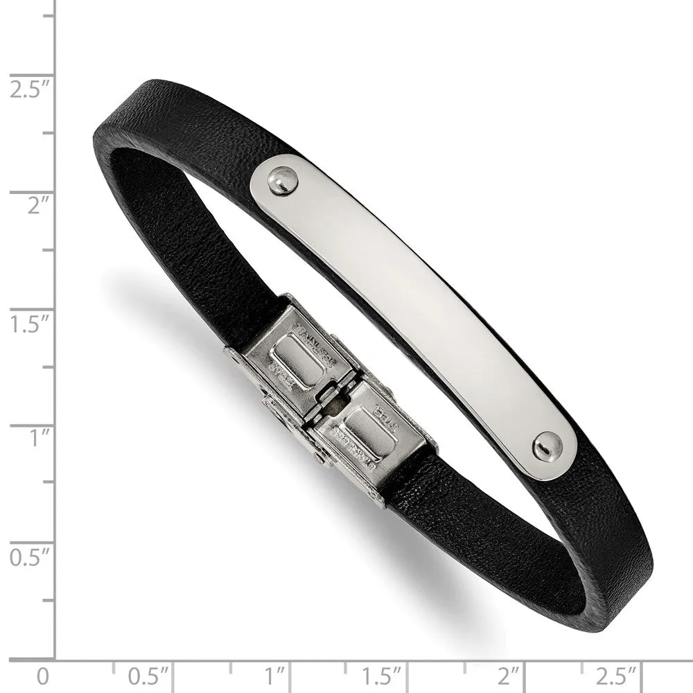 Men's Stainless Steel 8mm Black Leather I.D. Bracelet, 8.5 Inch