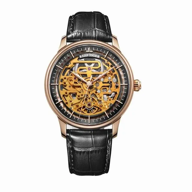 Men's Steel Skeleton Genuine Leather Strap Automatic Mechanical Watch