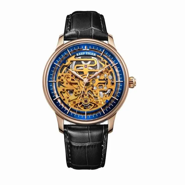 Men's Steel Skeleton Genuine Leather Strap Automatic Mechanical Watch