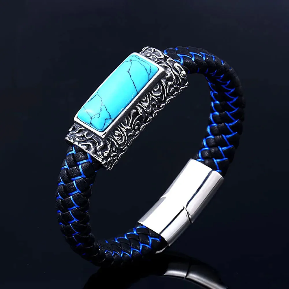 Men's Vintage Engraved Stainless Steel Embedded Stone Leather Strap Bracelet