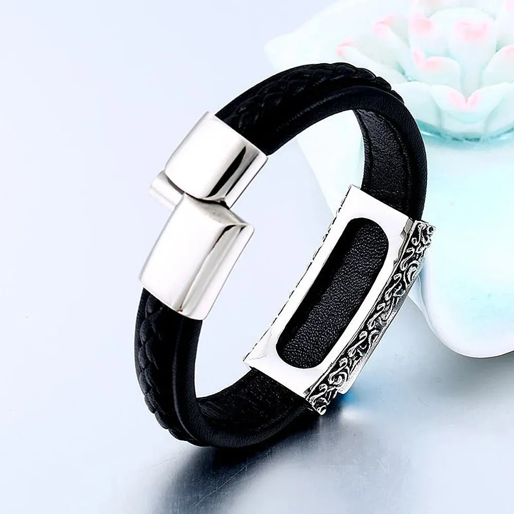 Men's Vintage Engraved Stainless Steel Embedded Stone Leather Strap Bracelet