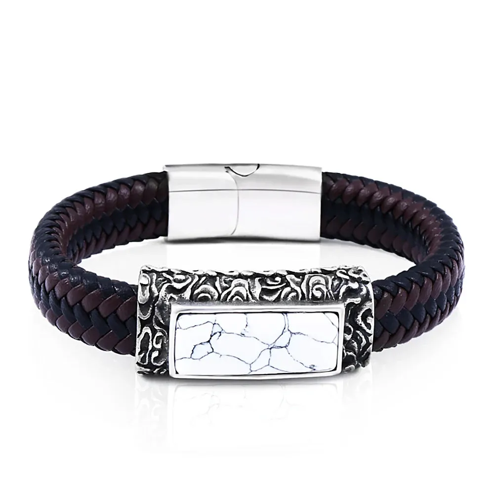 Men's Vintage Engraved Stainless Steel Embedded Stone Leather Strap Bracelet