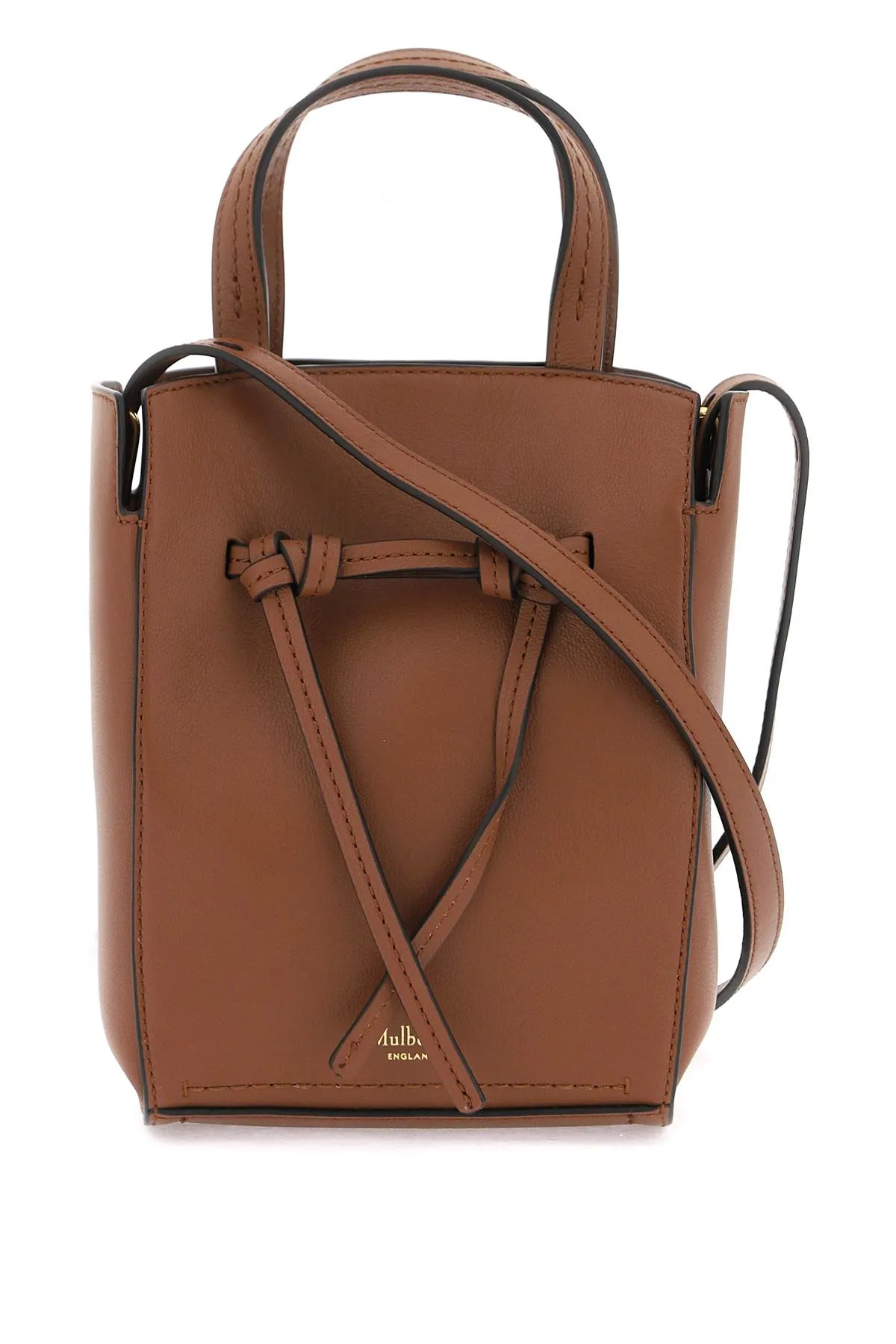 MULBERRY Mini Clovelly Tote - Brown Leather Shoulder Bag with Decorative Knots and Suede Interior