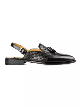 Mules Wingtip Slingback Strap - Black Woven Leather With Tassel