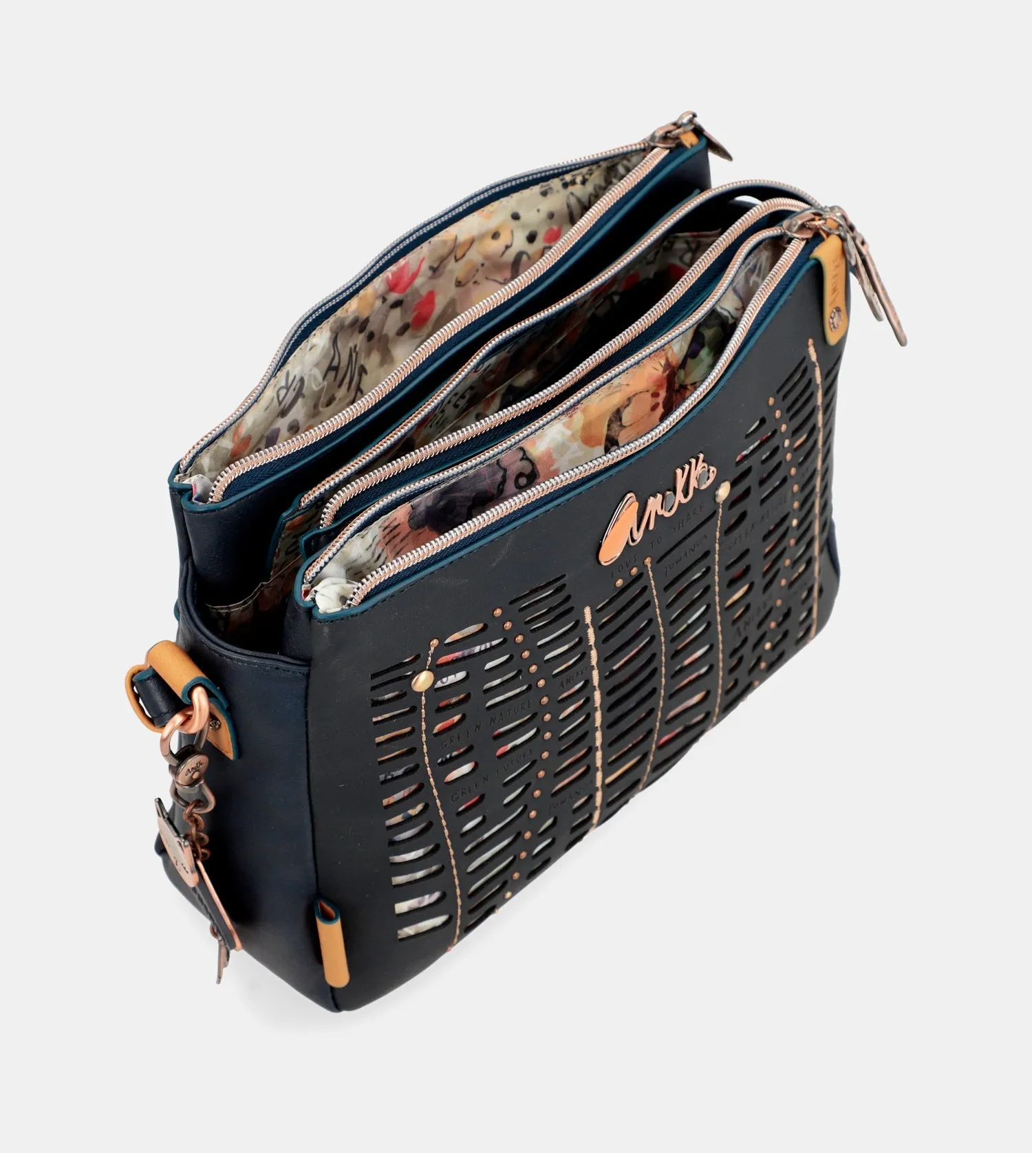 Nature Pachamama navy blue crossbody bag with three compartments