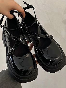 Patent Leather Ankle Strap Lolita Shoes Women Thick Heels Platform  Woman Sweet Lovely High Heeled Pumps