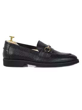 Penny Loafer Horsebit Buckle - Black Woven Leather (Crepe Sole)