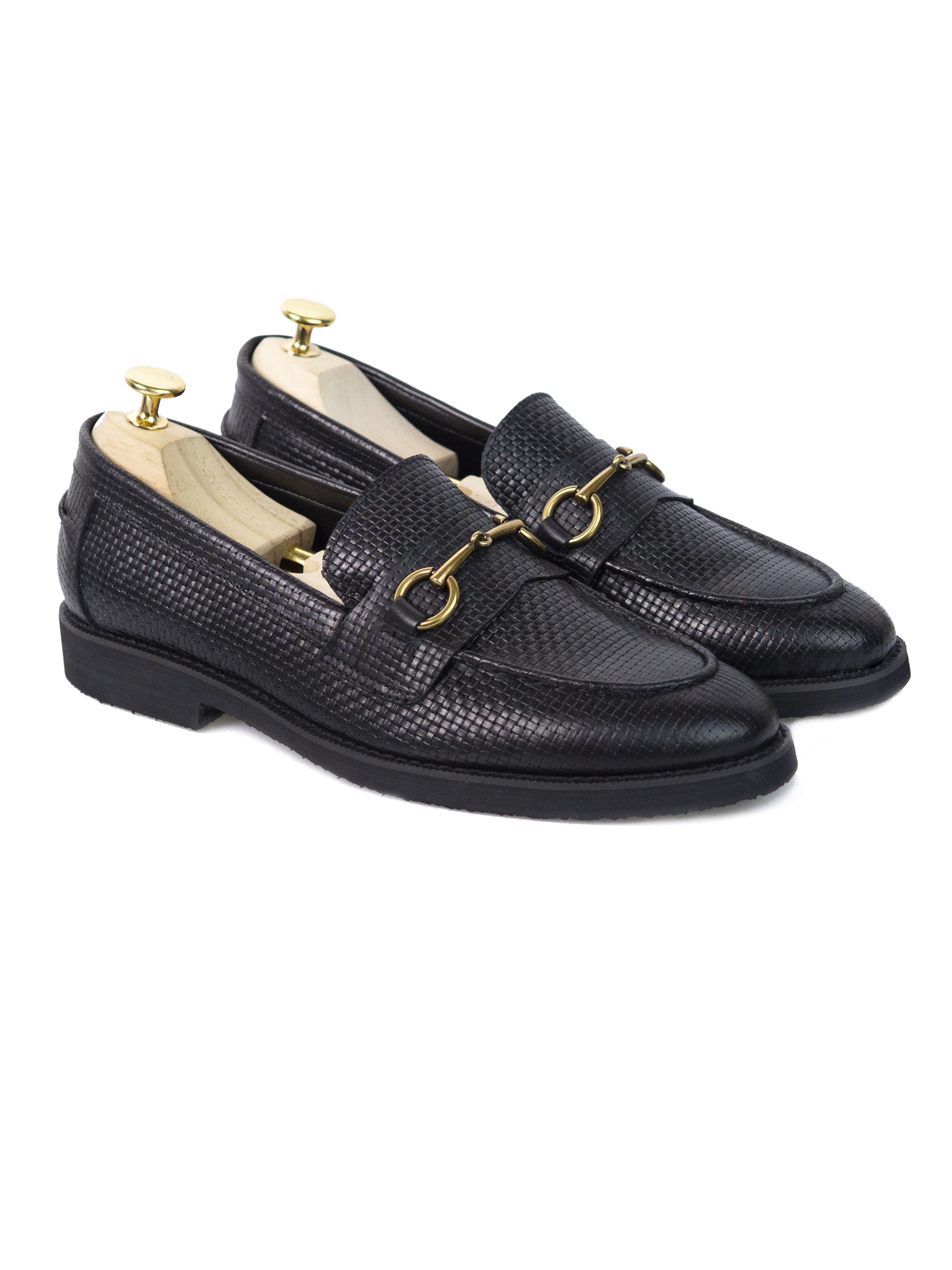 Penny Loafer Horsebit Buckle - Black Woven Leather (Crepe Sole)