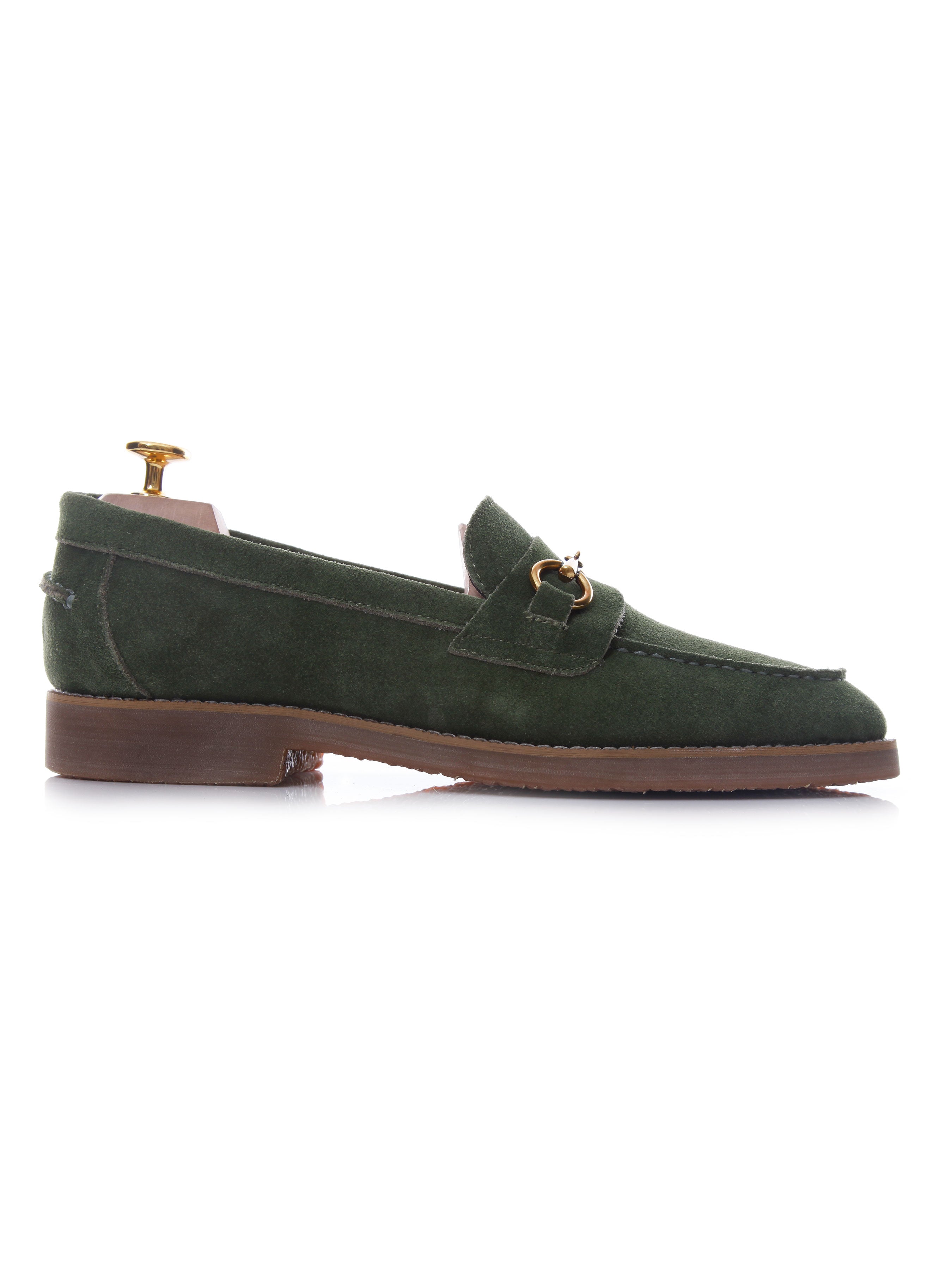 Penny Loafer Horsebit Buckle - Olive Green Suede Leather (Brown Crepe Sole)