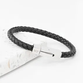 Personalised Men's Black Leather Bracelet with Tube Clasp