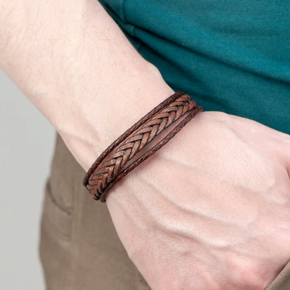 Personalised Men's Woven Layered Brown Leather Bracelet