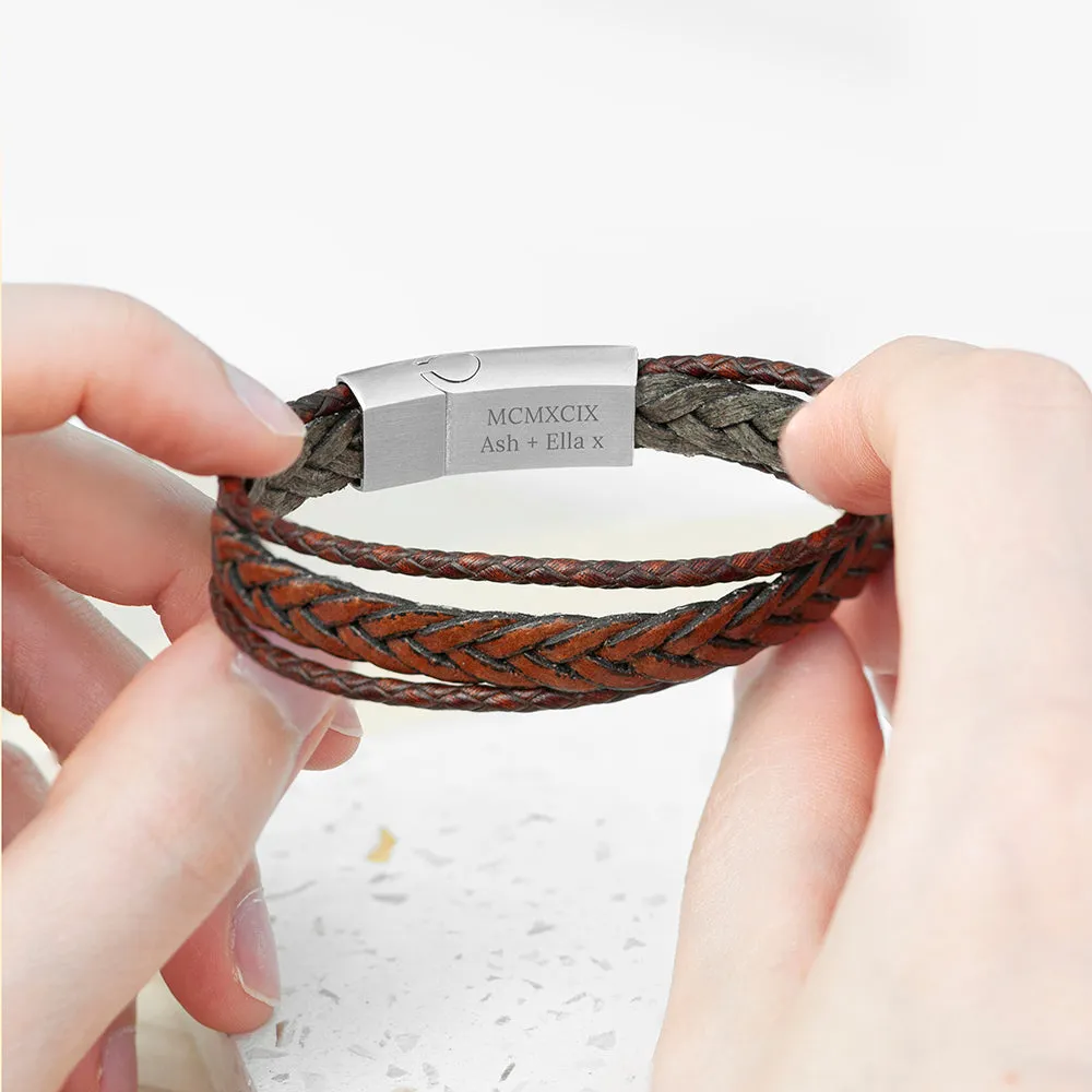 Personalised Men's Woven Layered Brown Leather Bracelet