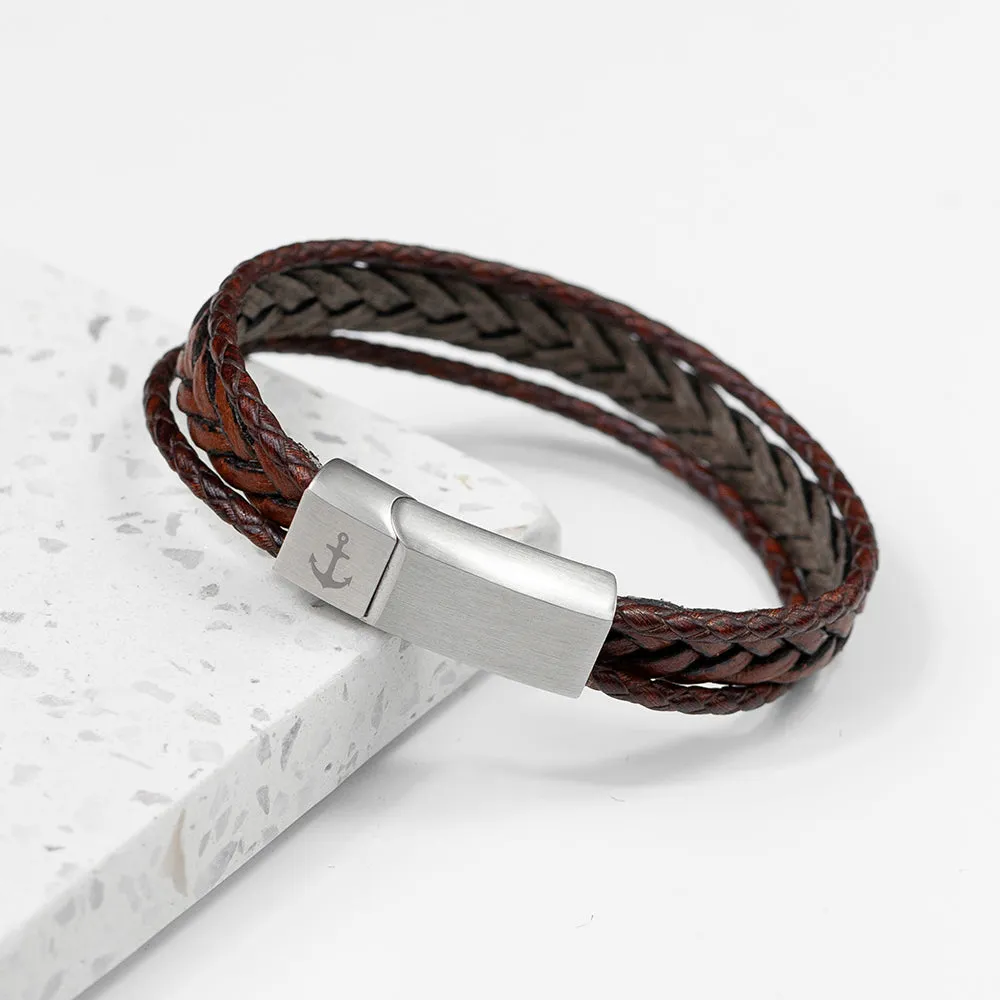 Personalised Men's Woven Layered Brown Leather Bracelet