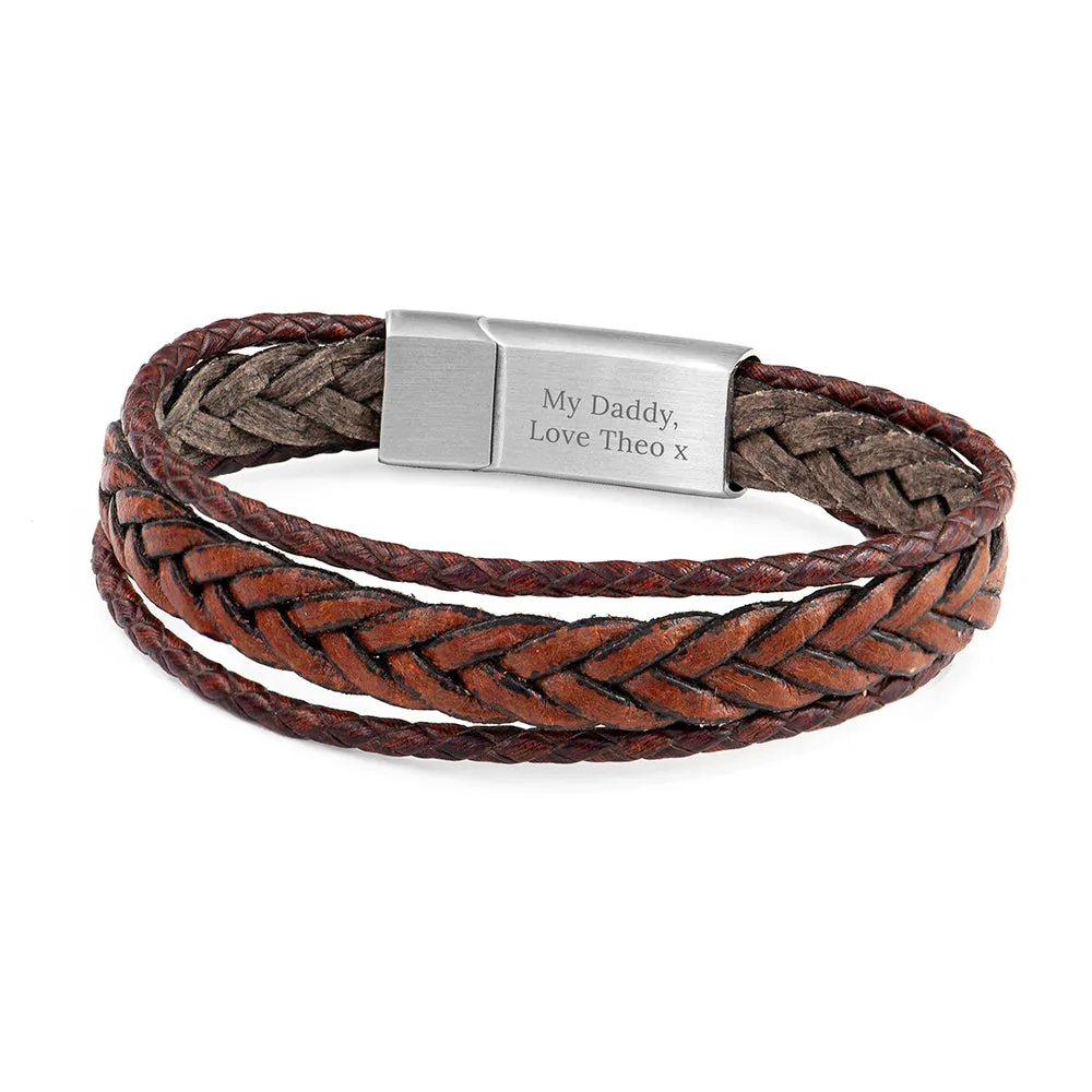 Personalised Men's Woven Layered Brown Leather Bracelet