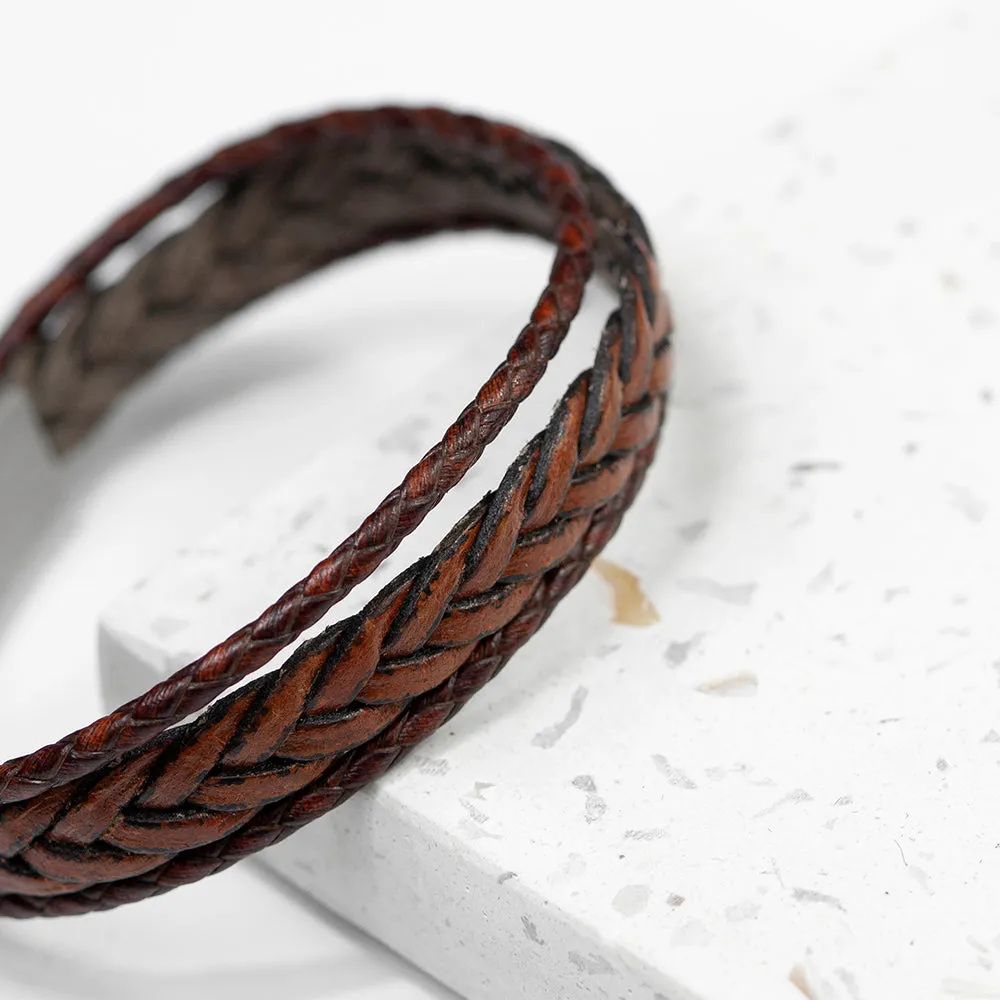 Personalised Men's Woven Layered Brown Leather Bracelet