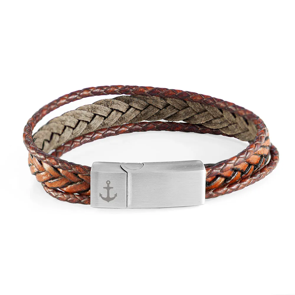 Personalised Men's Woven Layered Brown Leather Bracelet