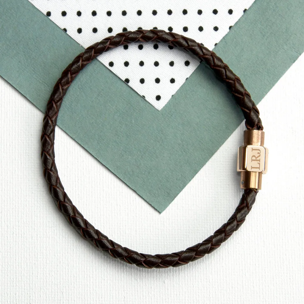 Personalised Men's Woven Leather Bracelet With Rose Gold Clasp