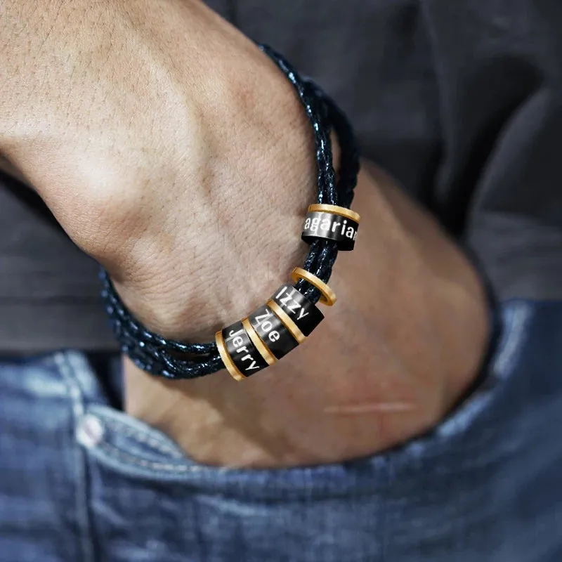 Personalized Men's Braided Leather Bracelet with Custom name Beads