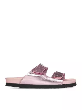 Pink slide sandals in metallic leather with double strap with logo print