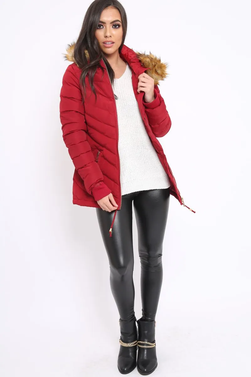 Red Padded Coat With Faux Fur Trim Hood - Jocelyn