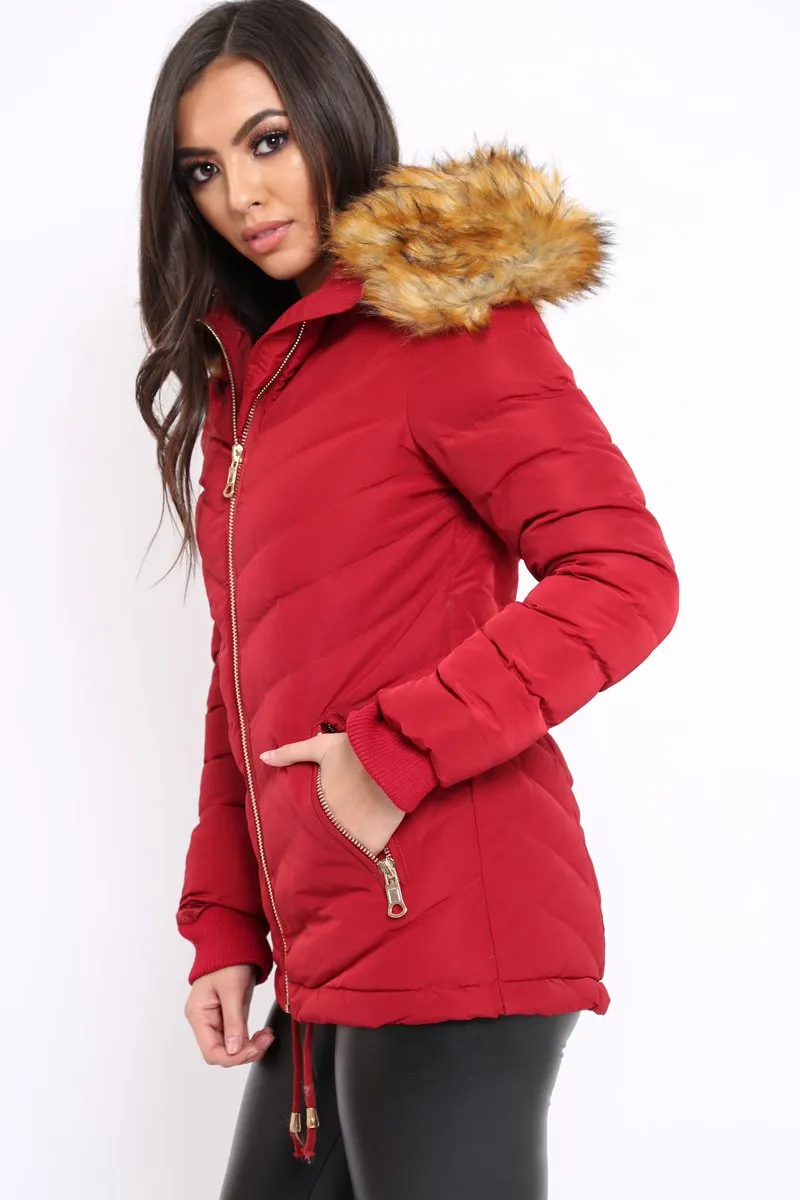 Red Padded Coat With Faux Fur Trim Hood - Jocelyn