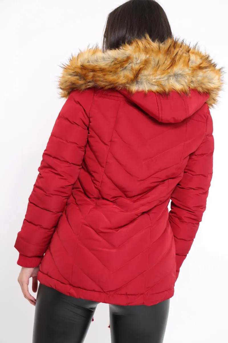 Red Padded Coat With Faux Fur Trim Hood - Jocelyn