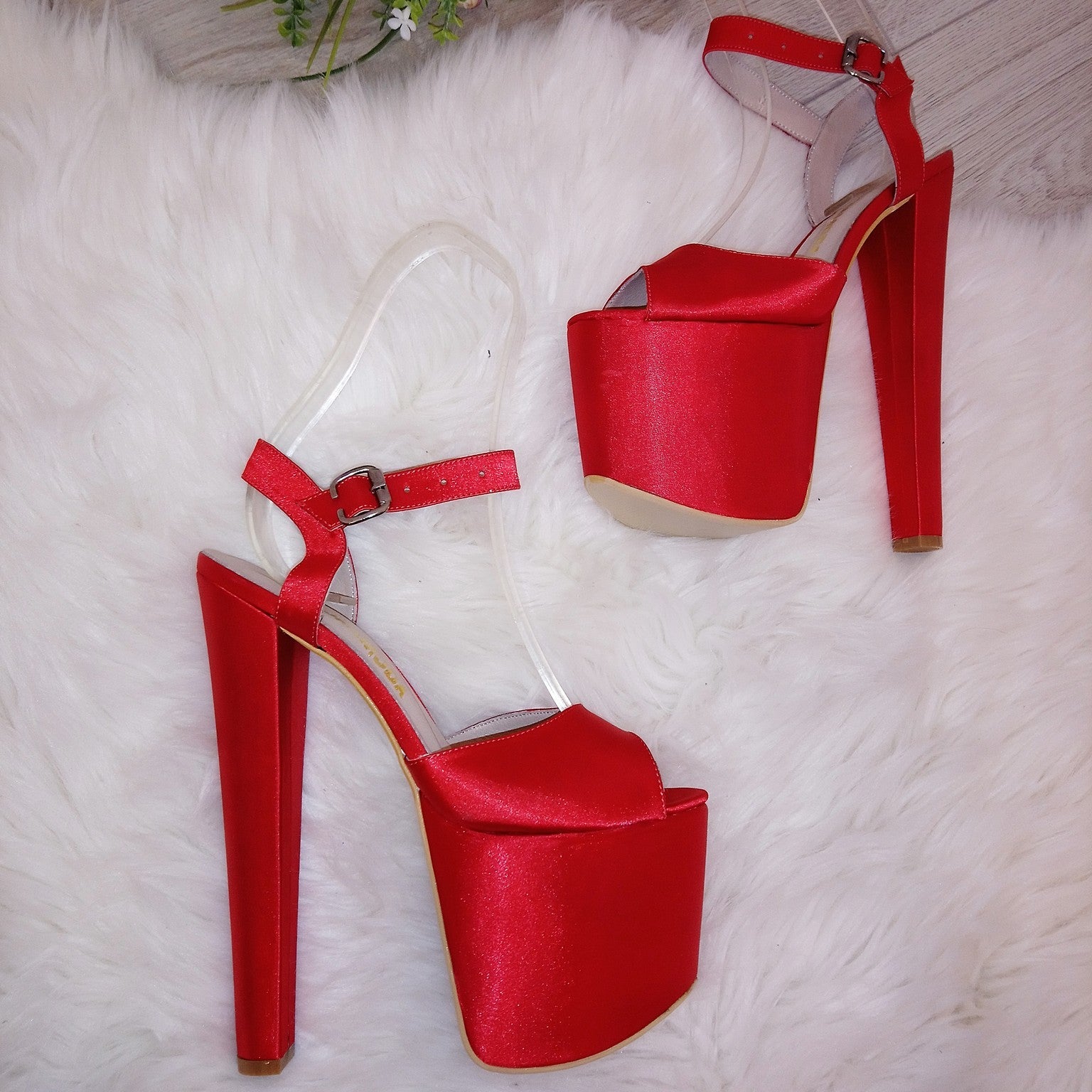 Red Satin Ankle Strap 19 cm High Heel Platforms