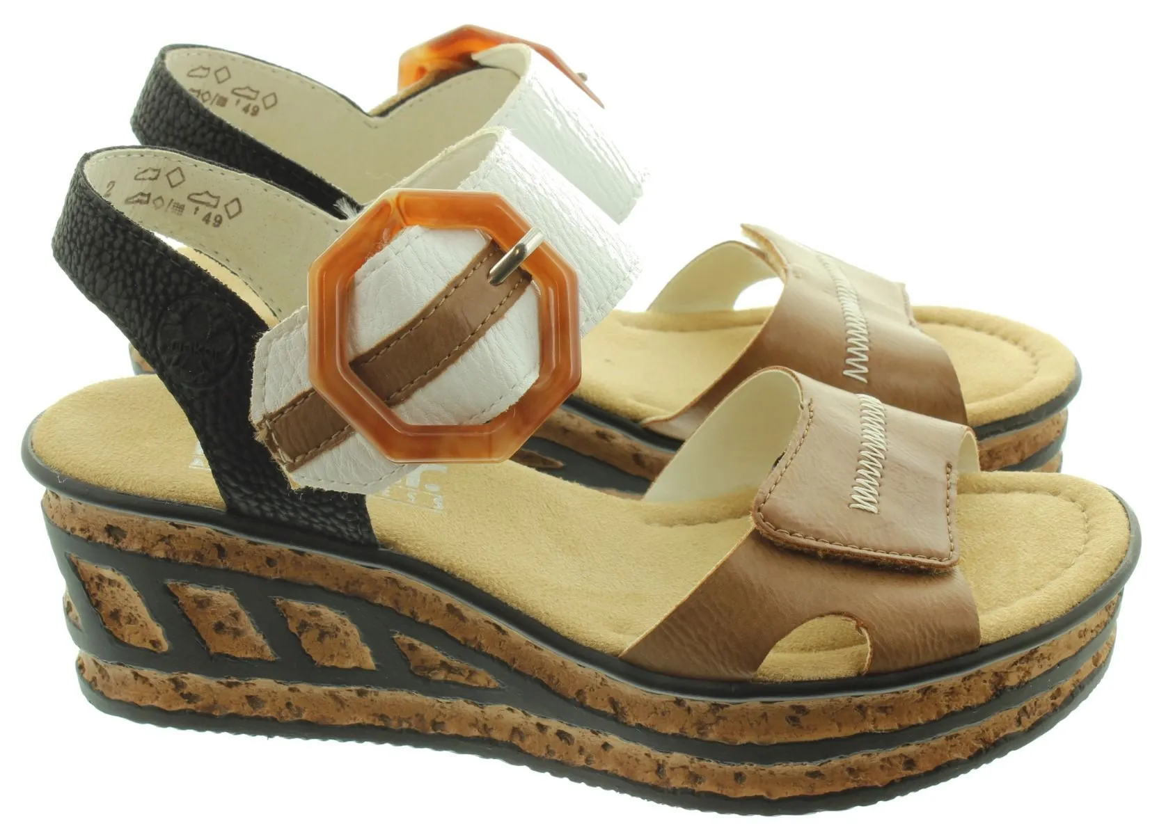 RIEKER Ladies 68176 Wedge Sandals In Tan Multi