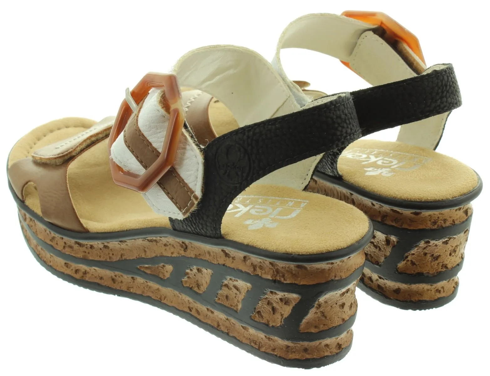 RIEKER Ladies 68176 Wedge Sandals In Tan Multi