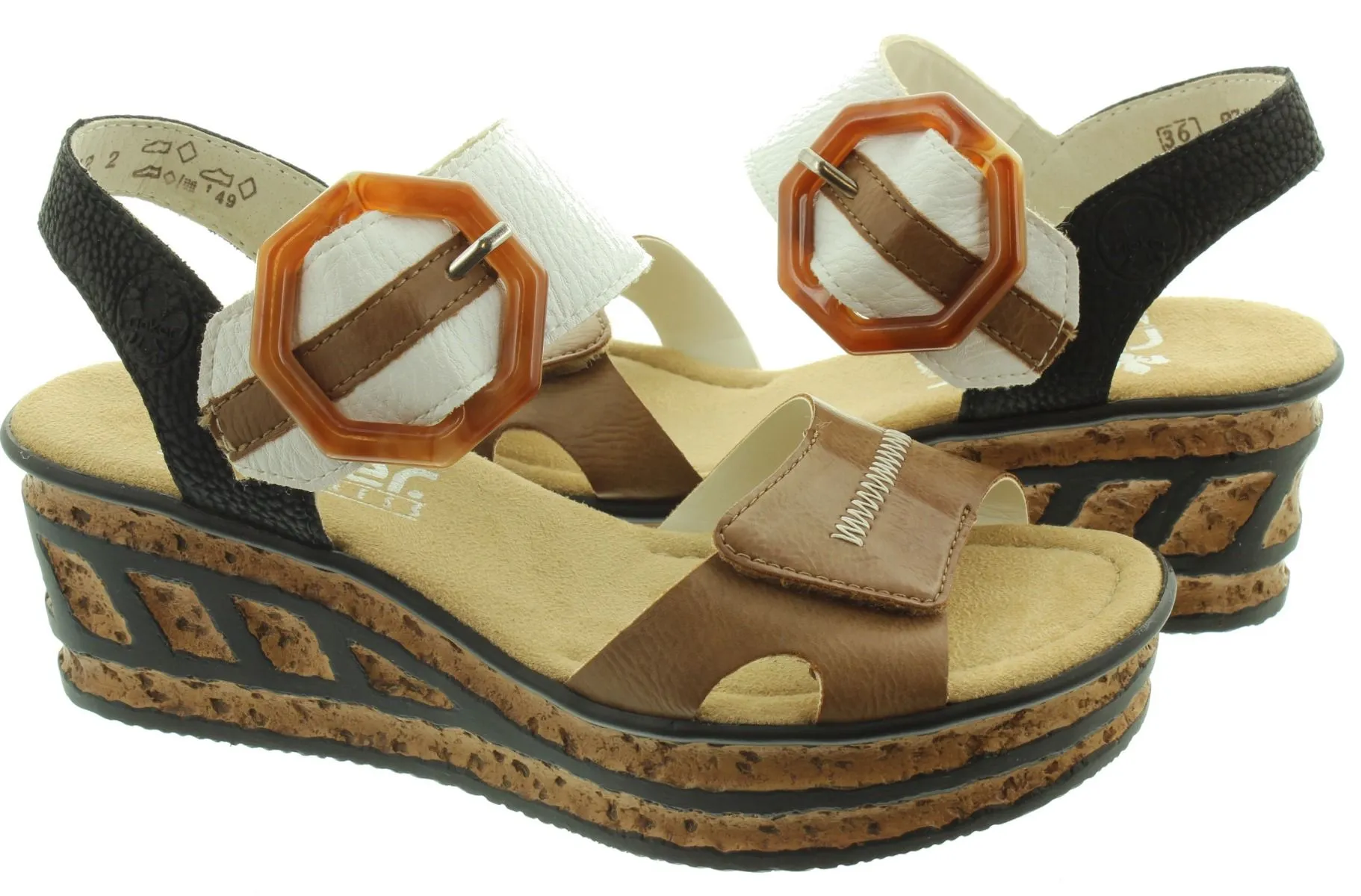 RIEKER Ladies 68176 Wedge Sandals In Tan Multi