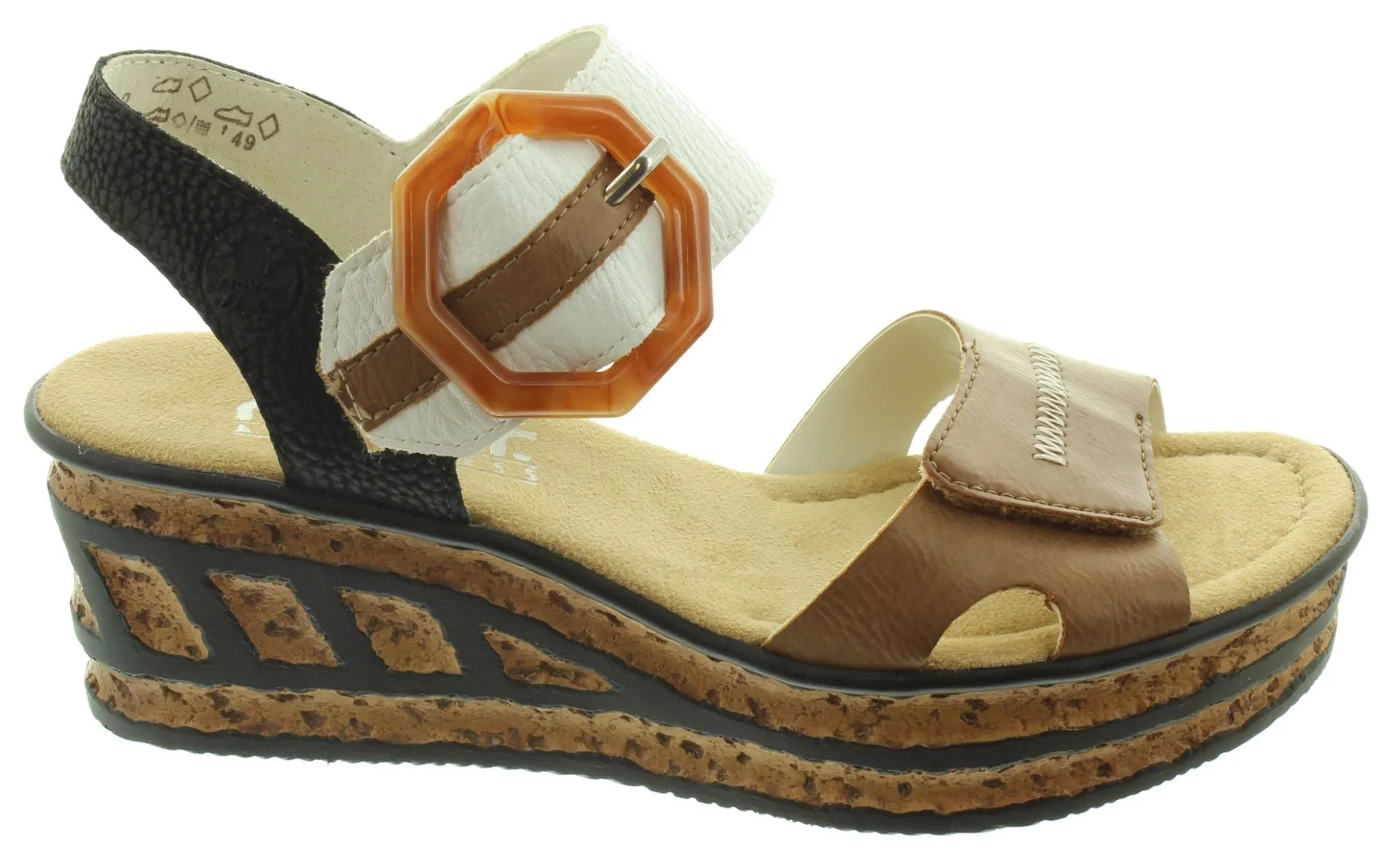 RIEKER Ladies 68176 Wedge Sandals In Tan Multi