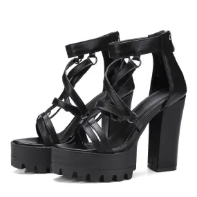 Rock Chick Woman Platform Sandals / Open Toe High Heels Pentagram Zipper Leather Ladies Goth Shoes