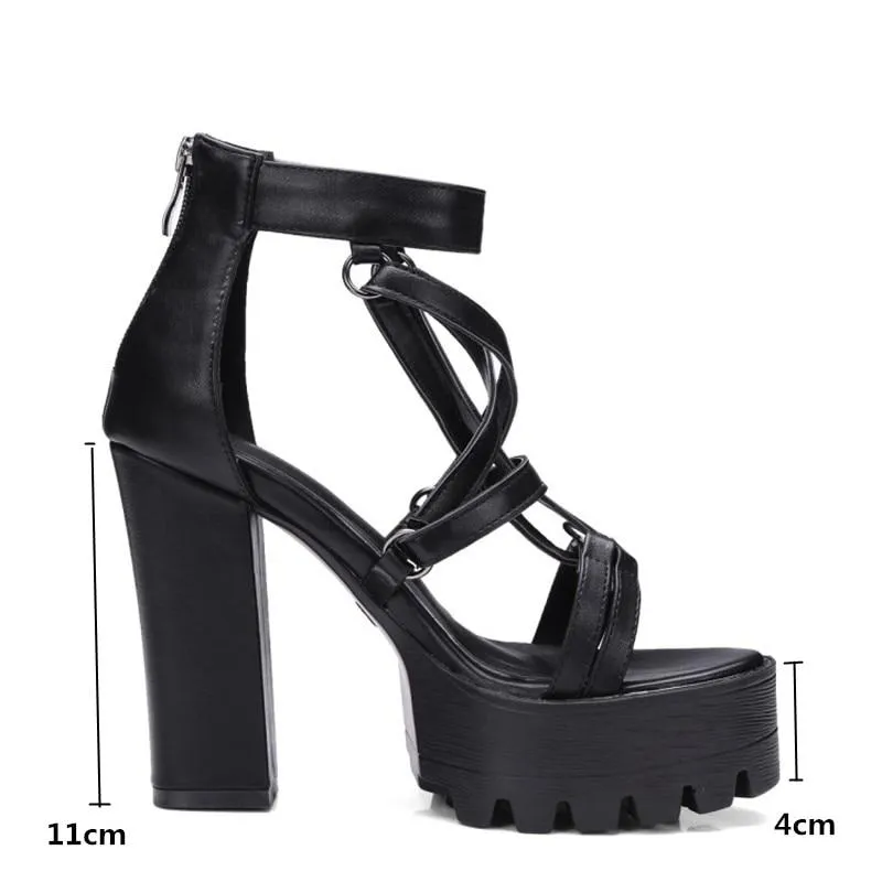 Rock Chick Woman Platform Sandals / Open Toe High Heels Pentagram Zipper Leather Ladies Goth Shoes