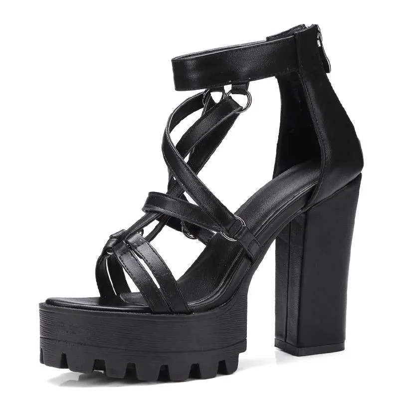 Rock Chick Woman Platform Sandals / Open Toe High Heels Pentagram Zipper Leather Ladies Goth Shoes