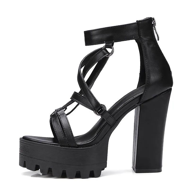 Rock Chick Woman Platform Sandals / Open Toe High Heels Pentagram Zipper Leather Ladies Goth Shoes